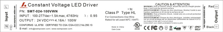 UL listed Class 2 24Vdc 100 Watt LED Power Supply