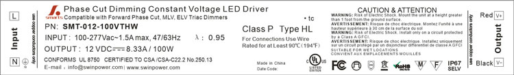 UL Waterproof 277VAC 12VDC Dimmable LED Power Supply