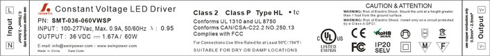 277vac 36v 60w class2 slim type constant voltage led driver